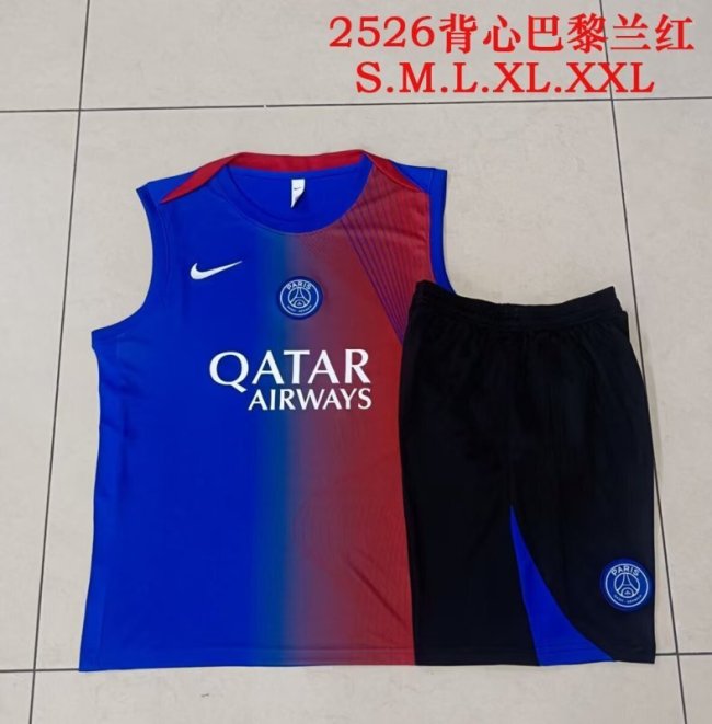 Adult Uniform 2025-2026 PSG Blue/Red Soccer Training Vest and Shorts Football Set
