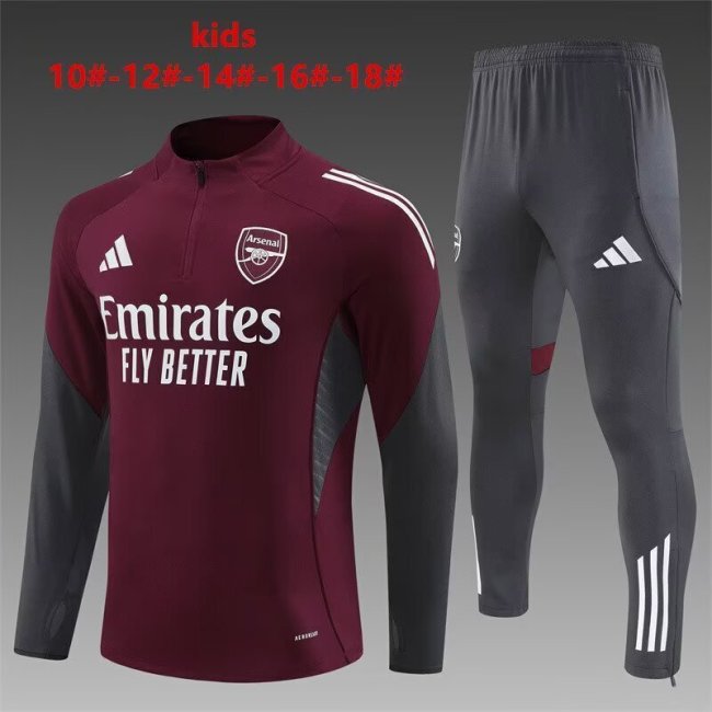 Youth 2025-2026 Arsenal Dark Red/Grey Soccer Training Sweater and Pants Child Football Kit