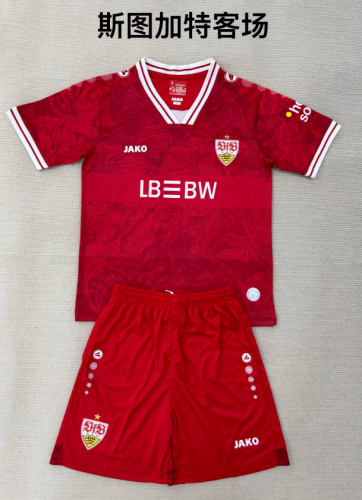 Youth Uniform Kids Kit 2025-2026 Stuttgart Away Red Soccer Jersey Shorts Horona Child Football Set