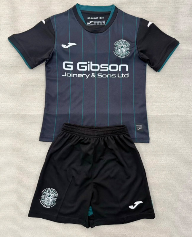 Youth Uniform Kids Kit 2025-2026 Hibernian Third Away Black Soccer Jersey Shorts Child Football Set