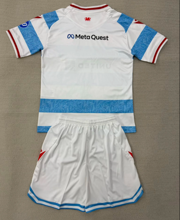 Youth Uniform Kids Kit 2025-2026 Wrexham Third Away White/Blue Soccer Jersey Shorts Child Football Set