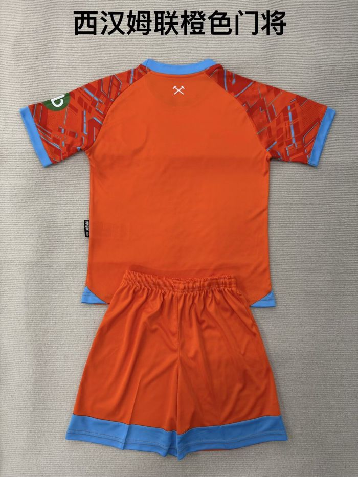 Youth Uniform Kids Kit West Ham United 2025-2026 Orange Goalkeeper Soccer Jersey Shorts Child Football Set