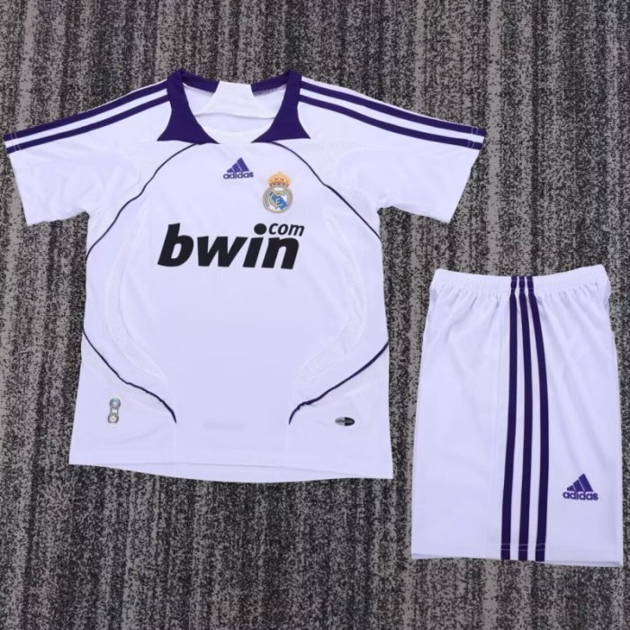 Retro Youth Uniform Kids Kit 2007-2008 Real Madrid Home Soccer Jersey Shorts Vintage Child Football Set