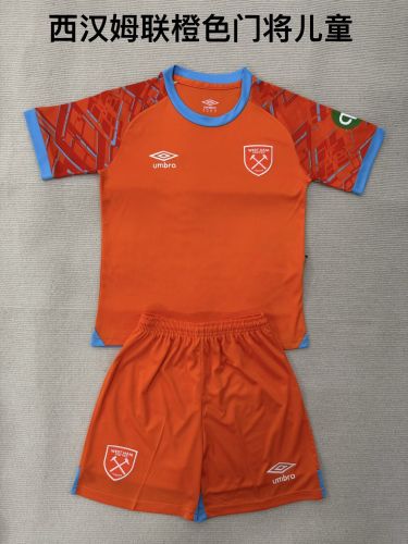 Youth Uniform Kids Kit West Ham United 2025-2026 Orange Goalkeeper Soccer Jersey Shorts Child Football Set