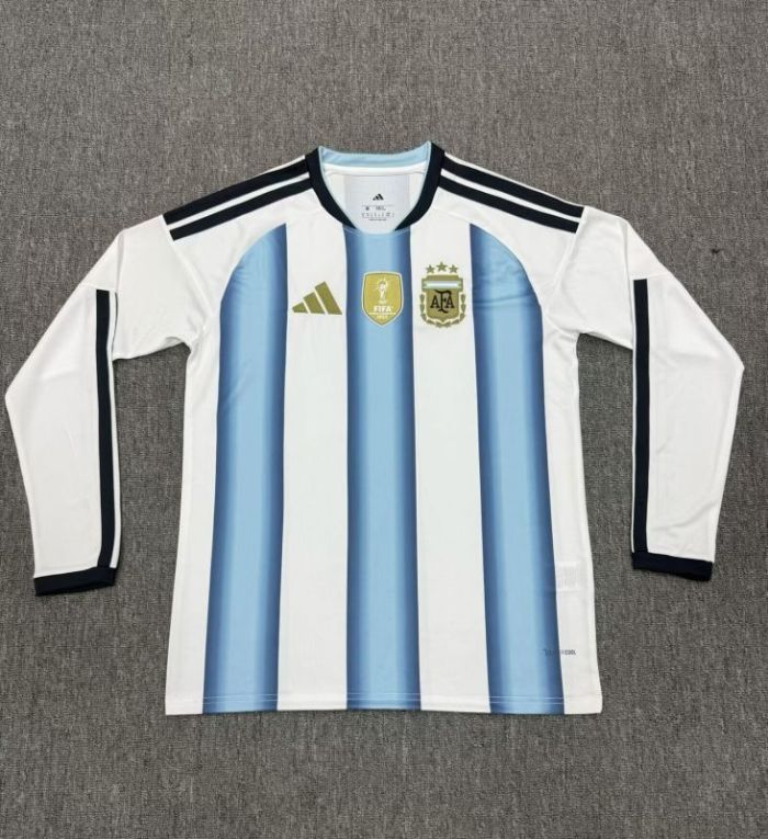 with Golden Front Patch Long Sleeve Fan Version 2026 Argentina Home Soccer Jersey Camisetas de Futbol