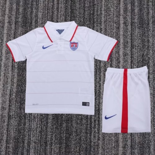 Retro Youth Uniform Kids Kit USA 2014 Home Soccer Jersey Shorts United States Child Football Set