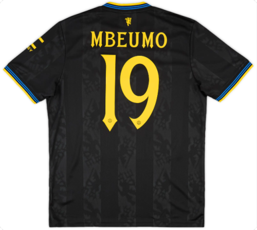 with UCL Fonts Fan Version 2025-2026 Manchester United Mbeumo 19 Third Away Black Soccer Jersey Football Shirt