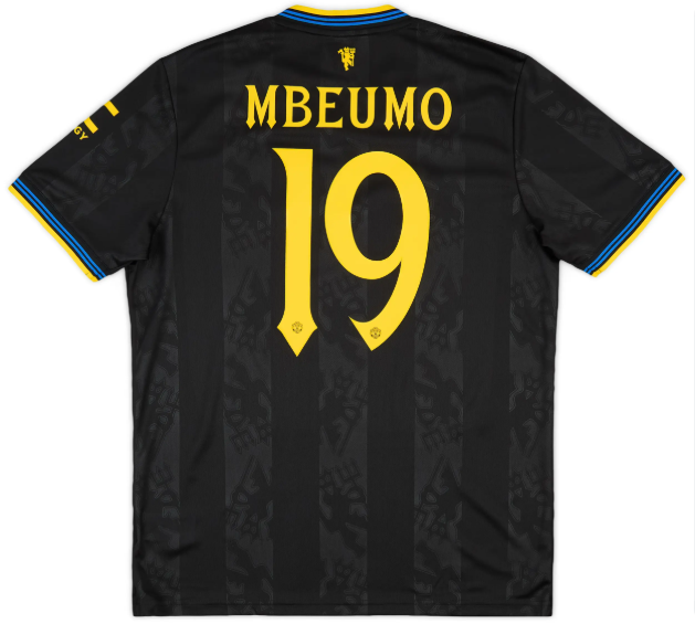 with UCL Fonts Fan Version 2025-2026 Manchester United Mbeumo 19 Third Away Black Soccer Jersey Football Shirt