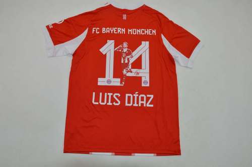 With Special Fonts Fan Version 2025-2026 Bayern Munich LUIS DIAZ 14 Home Soccer Jersey Bayern Munchen Red/White Football Shirt