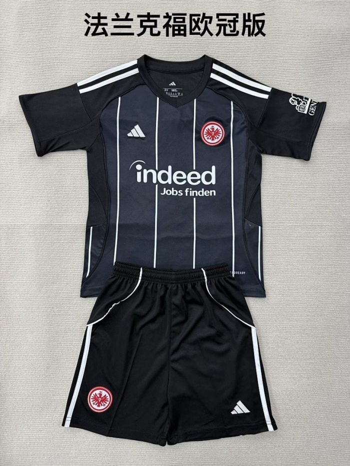 Youth Uniform Kids Kit 2025-2026 Eintracht Frankfurt Black UCL Version Soccer Jersey Shorts Child Football Set