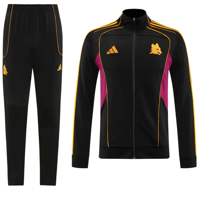 Adult 2025-2026 AS Roma Black Soccer Jacket and Long Pants Football Tracksuit
