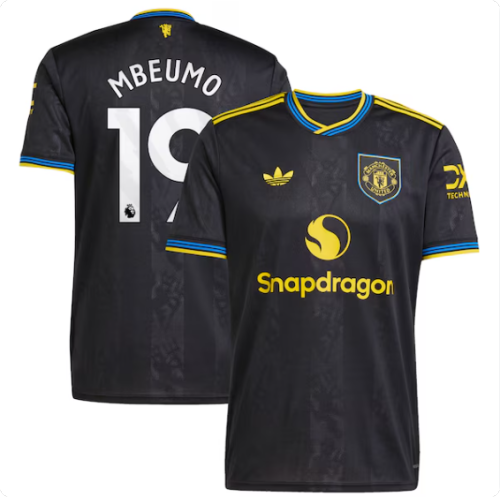 with EPL Fonts Fan Version 2025-2026 Manchester United Mbeumo 19 Third Away Black Soccer Jersey Football Shirt