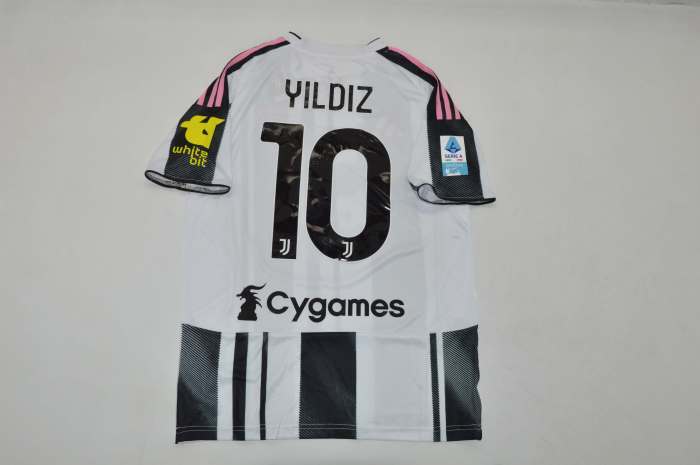 with All Sponor Logos+Serie A Patch Maillot Juve Shirt Fans Version 2025-2026 Juventus YILDIZ 10 Home Soccer Jersey Football Shirt