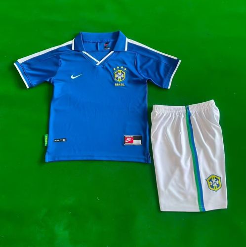 Retro Youth Uniform Kids Kit 1997 Brazil Away Blue Soccer Jersey Shorts Brasil Child Football Set