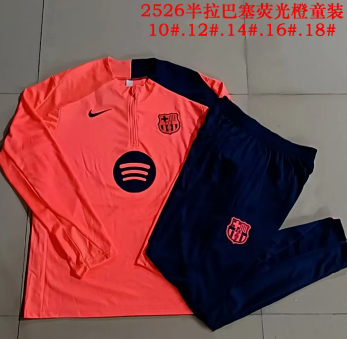 Youth 2025-2026 Barcelona Orange/Dark Blue Soccer Training Sweater and Pants Child Football Kit