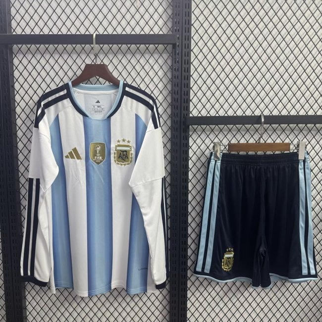 Adult Uniform with FIFA World Champions 2022 Patch Long Sleeve Player Version 2026 Argentina Home Soccer Jersey Shorts Men's Football Kit