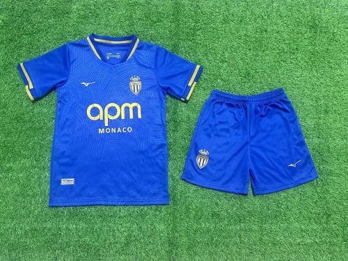 Youth Uniform Kids Kit As Monaco 2025-2026 Away Blue Soccer Jersey Shorts Child Football Set