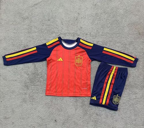 Long Sleeve Youth Uniform Kids Kit 2026 Spain Home Soccer Jersey Shorts Child Football Set