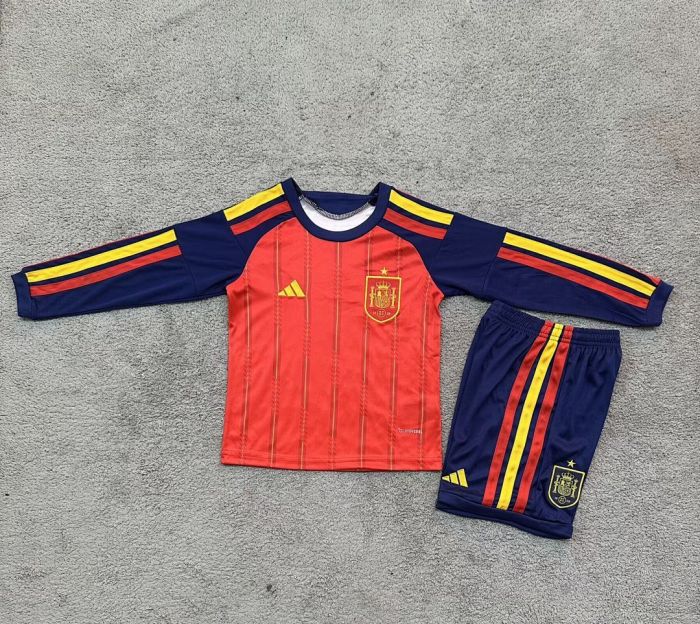 Long Sleeve Youth Uniform Kids Kit 2026 Spain Home Soccer Jersey Shorts Child Football Set