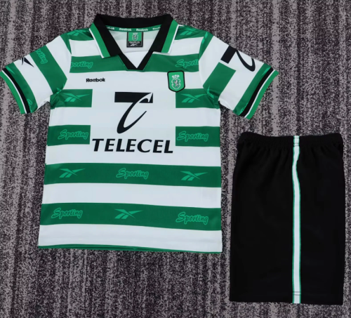 Retro Youth Uniform Kids Kit Sporting Lisbon 1999-2000 Home Soccer Jersey Shorts Child Football Set