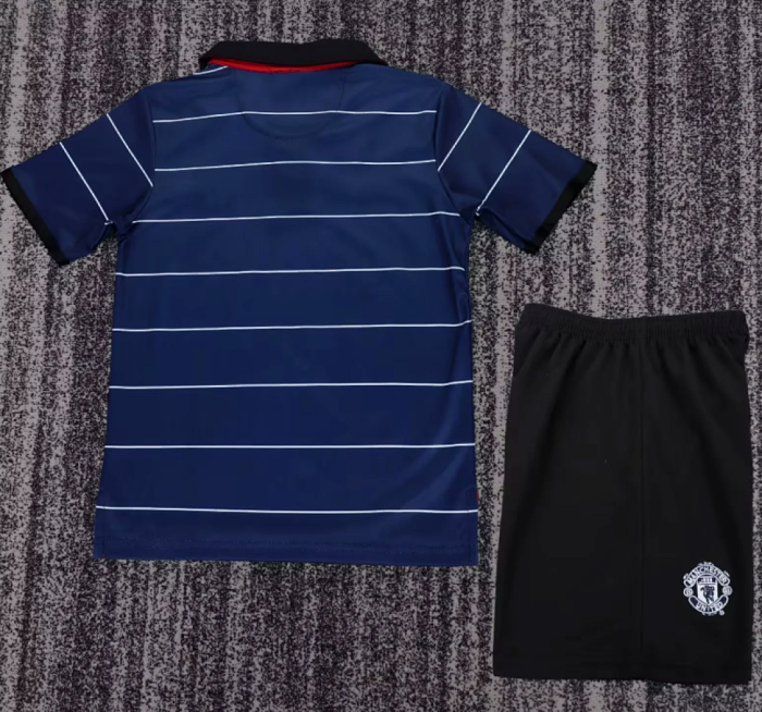Retro Youth Uniform Kids Kit 1999-2000 Manchester United Away Dark Blue Soccer Jersey Shorts Vintage Child Football Set