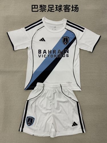 Youth Uniform Kids Kit 2025-2026 PARIS FC Away White Soccer Jersey Shorts Child Football Set