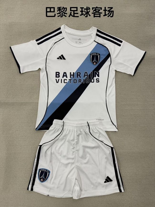 Youth Uniform Kids Kit 2025-2026 PARIS FC Away White Soccer Jersey Shorts Child Football Set