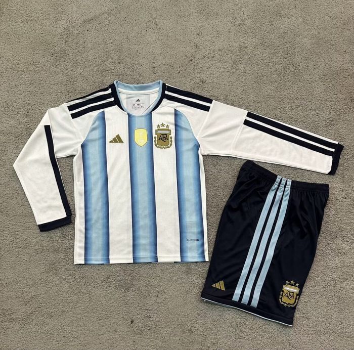Long Sleeve with FIFA 2022 World Champions Patch Youth Uniform Kids Kit Argentina 2026 Home Soccer Jersey Shorts Child Football Set