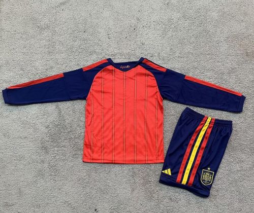 Long Sleeve Youth Uniform Kids Kit 2026 Spain Home Soccer Jersey Shorts Child Football Set