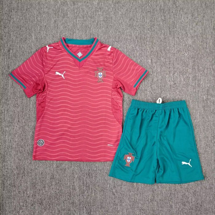 Youth Uniform Kids Kit 2026 Portugal Home Soccer Jersey Shorts Child Football Set