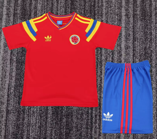 Retro Uniform Youth Uniform Kids Kit Colombia 1990 Away Red Soccer Jersey Shorts Vintage Child Football Set