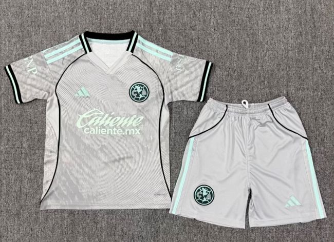 Youth Uniform Kids Kit Club America 2025-2026 Third Away Grey Soccer Jersey Shorts Child Football Set