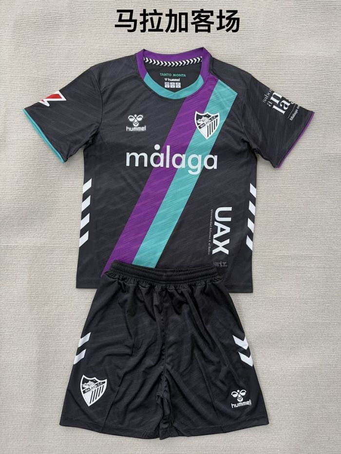 with LALIGA Patch Youth Uniform Kids Kit 2025-2026 Malaga Away Black Soccer Jersey Shorts Child Football Set