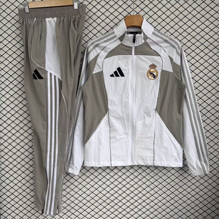 2025-2026 Real Madrid White/Grey Soccer Windbreaker Jacket Football Jacket and Pants