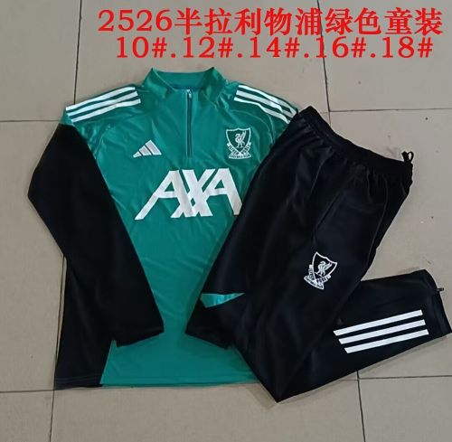 Youth 2025-2026 Liverpool Green/Black Soccer Training Sweater and Pants Child Football Kit