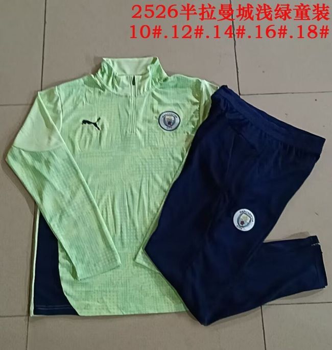 Youth 2025-2026 Manchester City Light Green Soccer Training Sweater and Pants Child Football Kit
