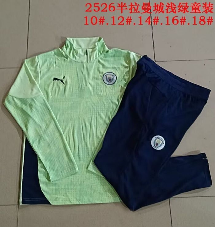 Youth 2025-2026 Manchester City Light Green Soccer Training Sweater and Pants Child Football Kit