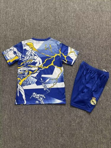 Youth Uniform Kids Kit 2025-2026 Real Madrid Blue Marvel Version Soccer Jersey Shorts Child Football Set