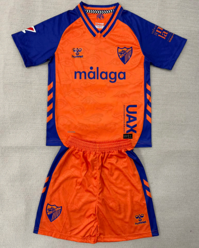 with LALIGA Patch Youth Uniform Kids Kit 2025-2026 Malaga Third Away Orange Soccer Jersey Shorts Child Football Set