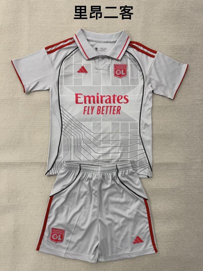 Youth Uniform Kids Kit 2025-2026 Lyon Third Away Grey Soccer Jersey Shorts Olympique Lyonnais Child Football Set