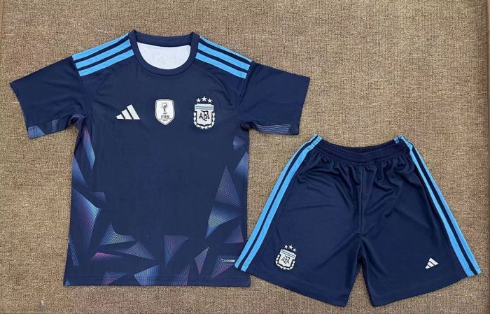 Youth Uniform Kids Kit Argentina 2025 Dark Blue Goalkeeper Soccer Jersey Shorts Child Football Set