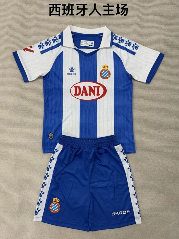with LALIGA Patch Youth Uniform Kids Kit 2025-2026 Espanyol Home Soccer Jersey Shorts Child Football Set