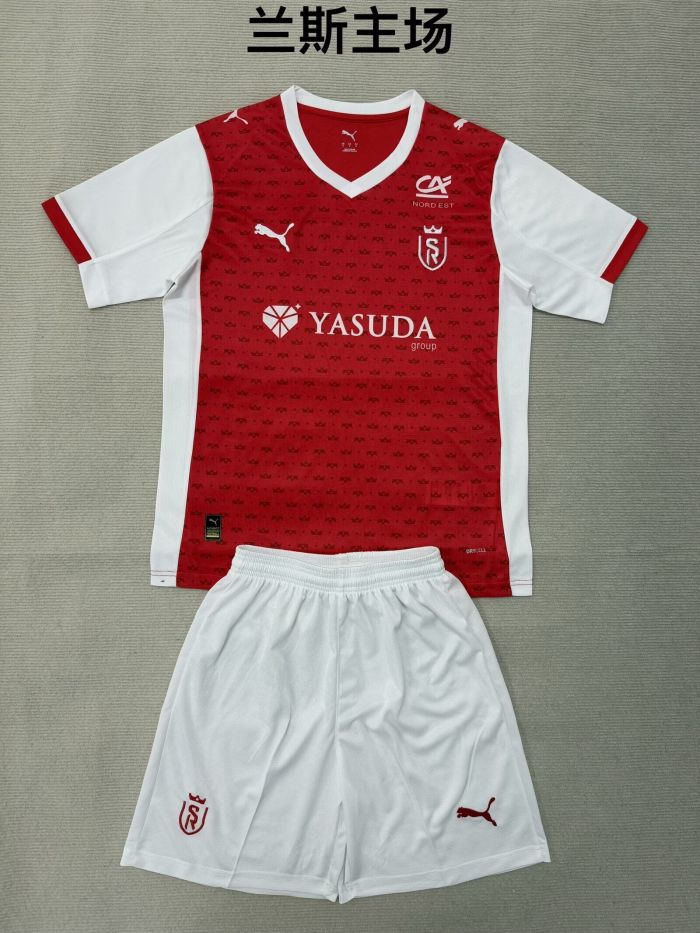 Youth Uniform Kids Kit 2025-2026 Stade de Reims Home Soccer Jersey Shorts Child Football Set