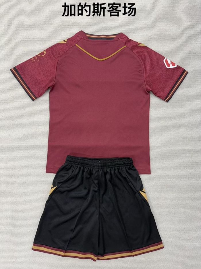 with LALIGA Patch Youth Uniform Kids Kit 2025-2026 Cadiz Away Red Soccer Jersey Shorts Child Football Set