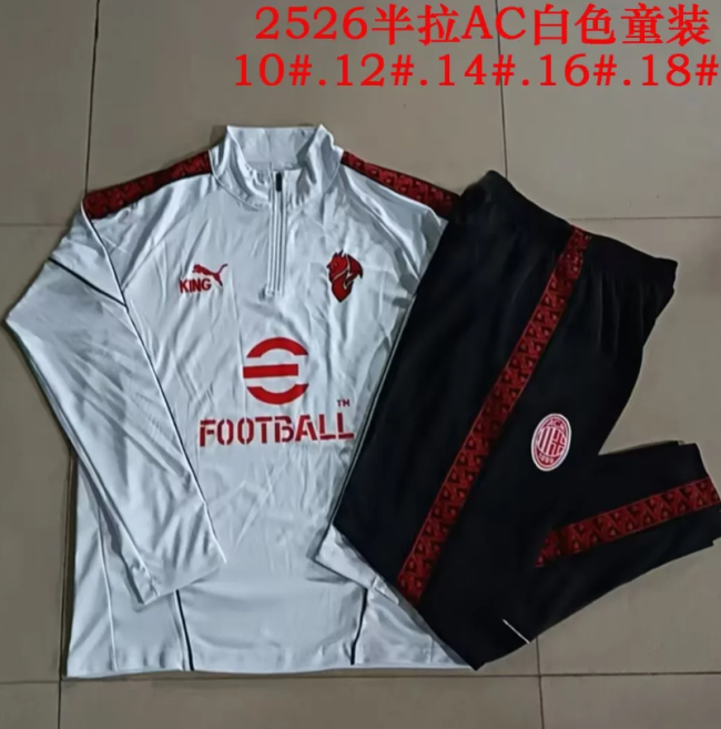 Youth 2025-2026 AC Milan White Soccer Training Sweater and Pants Football Kit