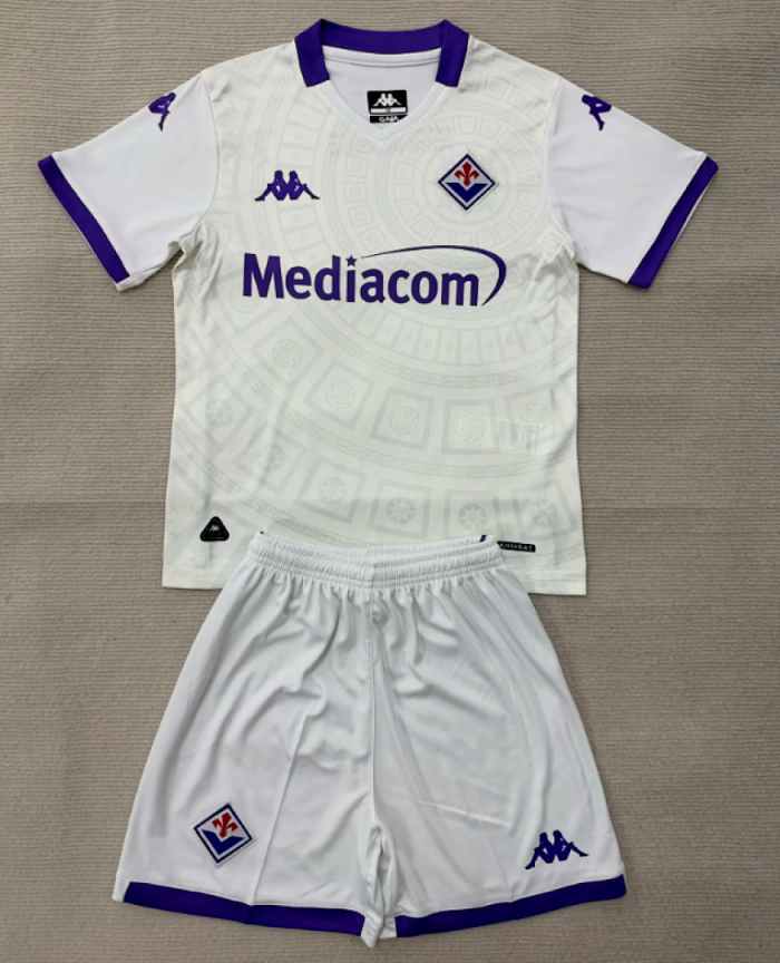 Youth Uniform Kids Kit 2025-2026 Fiorentina Away White Soccer Jersey Shorts Child Football Set