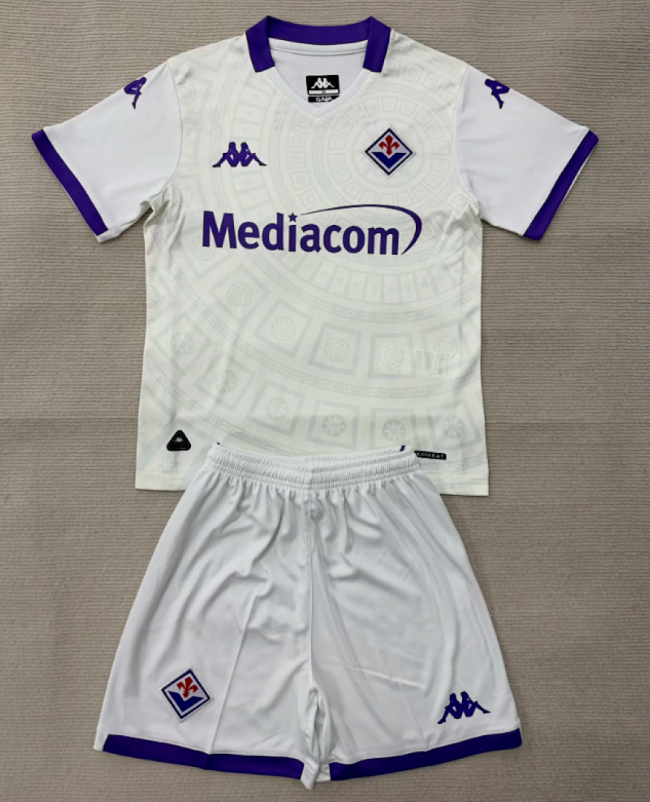 Youth Uniform Kids Kit 2025-2026 Fiorentina Away White Soccer Jersey Shorts Child Football Set