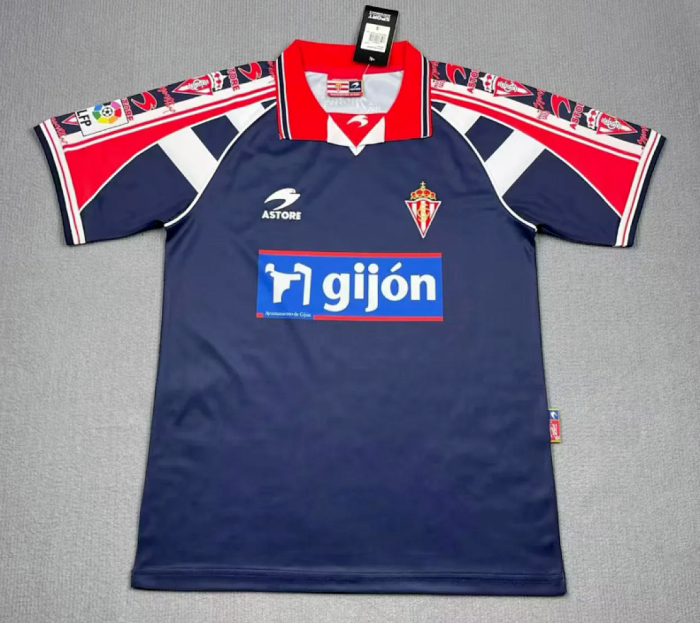 with LFP Patch Retro Jersey 1999-2000 Sporting Gijon Away Soccer Jersey Vintage Football Shirt