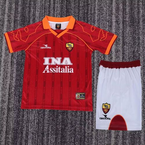 Retro Youth Uniform Kids Kit 1999-2000 As Roma Home Soccer Jersey Shorts Vintage Child Football Set