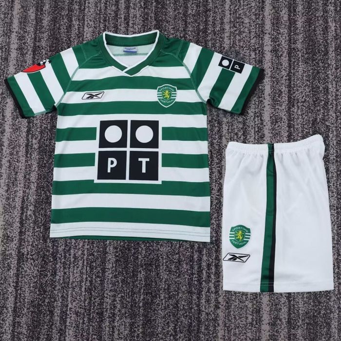 Retro Youth Uniform Kids Kit Sporting Lisbon 2003-2004 Home Soccer Jersey Shorts Child Football Set
